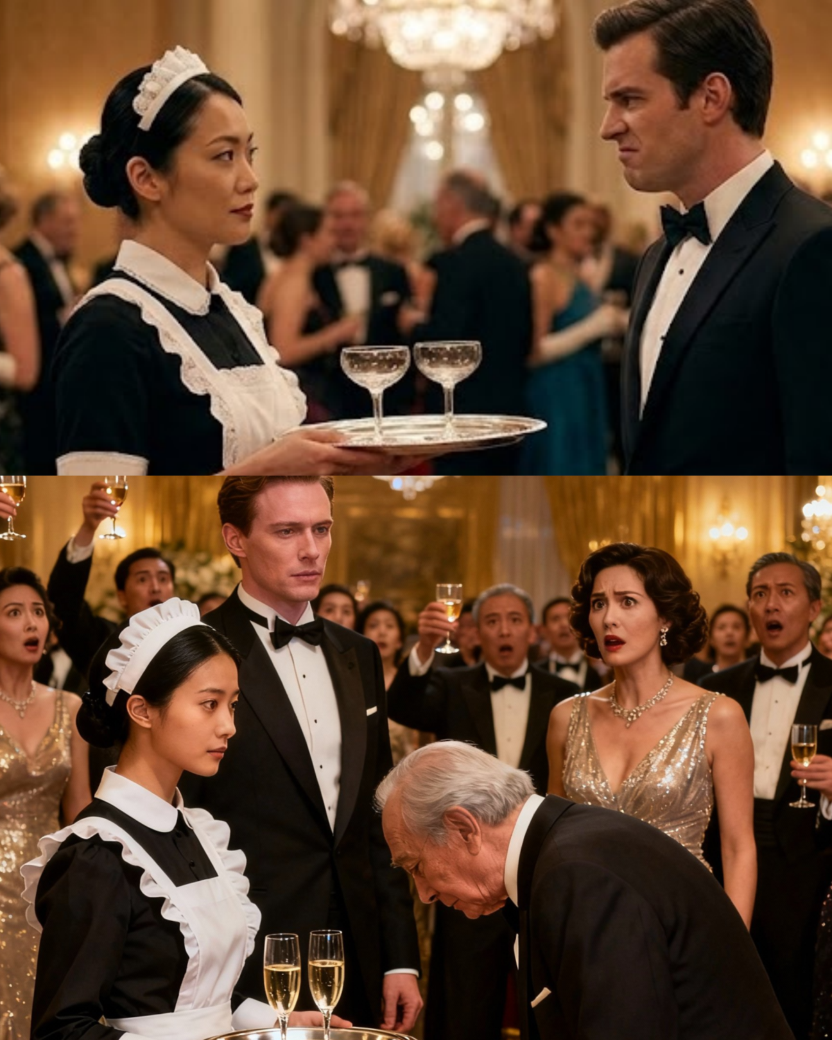 MY HUSBAND FORCED ME TO WEAR A MAID’S UNIFORM AT HIS PROMOTION PARTY AND SHOWED OFF HIS MISTRESS—BUT EVERYONE FROZE WHEN THE BIG BOSS BOWED AND CALLED ME “MADAM CHAIRWOMAN.”