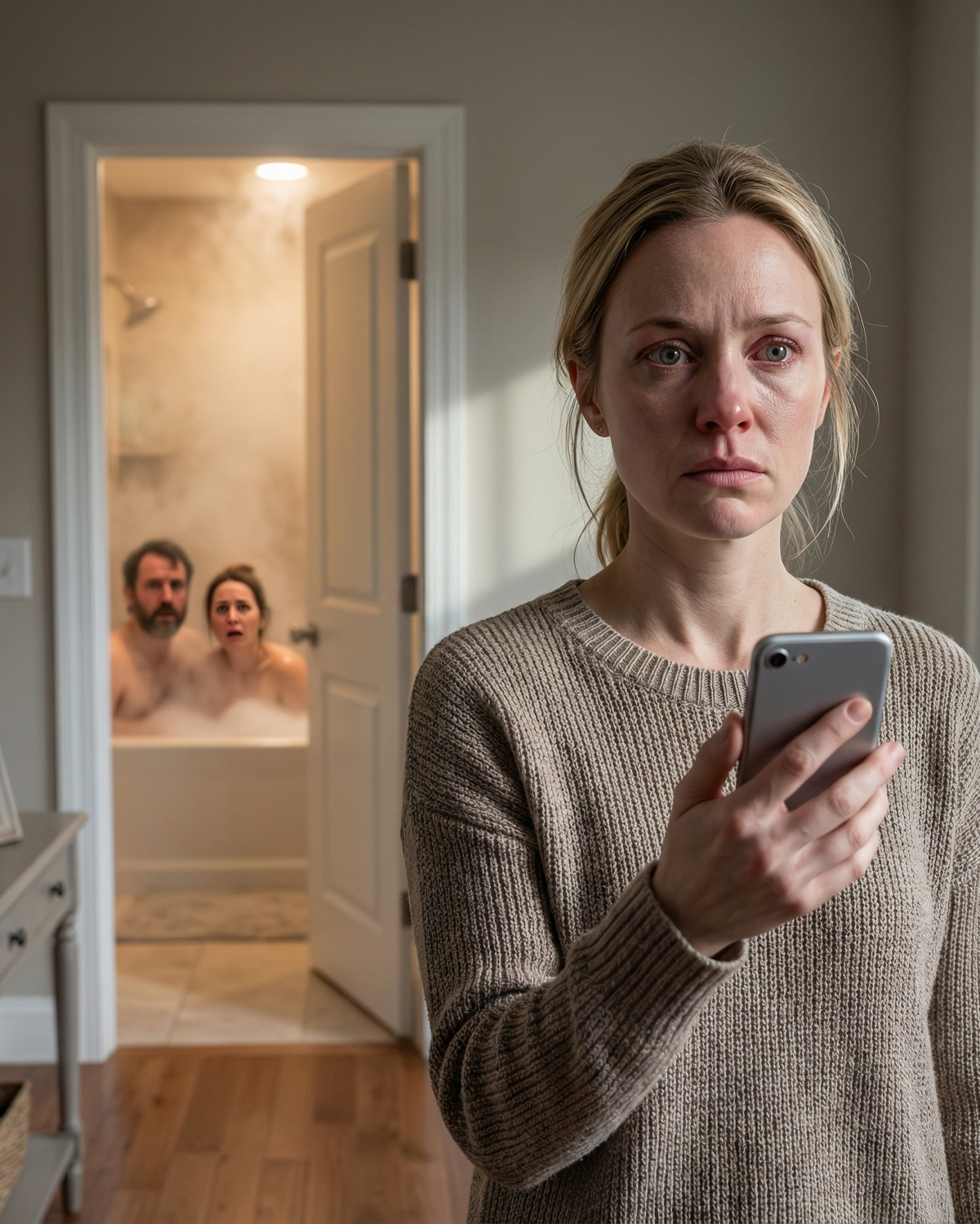 I came home at noon. The bathroom door was slightly open… and I heard familiar laughter. As I walked closer, I saw my fiancé sitting in the bathtub with my own sister. I didn’t scream. I simply locked the door, took out my phone, and called her husband: “Come over right now.