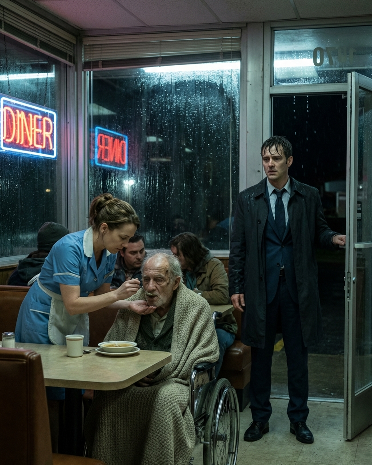 A Billionaire Stopped at a Broken Diner and Saw a Waitress Feeding a Disabled Old Man — What He Learned That Night Changed Everything He Thought He Knew About Power