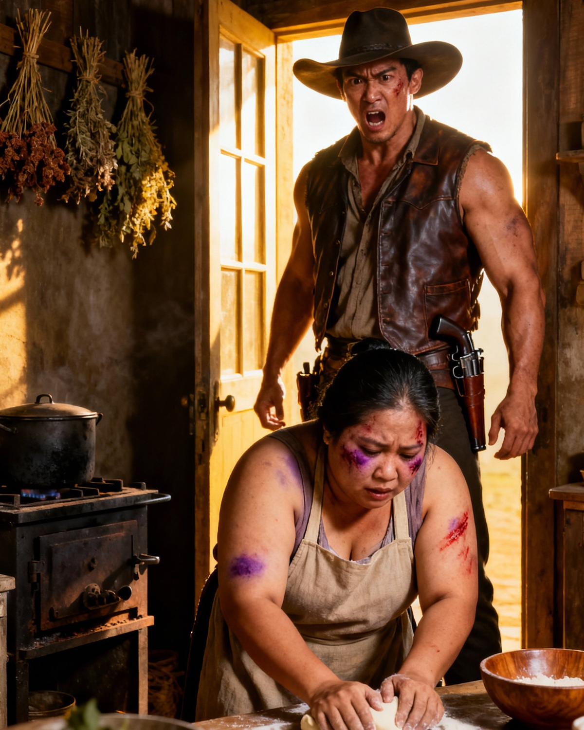 A Giant Cowboy Noticed Finger Marks Burning on His Cook’s Face—And the Choice He Made That Morning Didn’t Just Change Her Life, It Split an Entire Town Wide Open