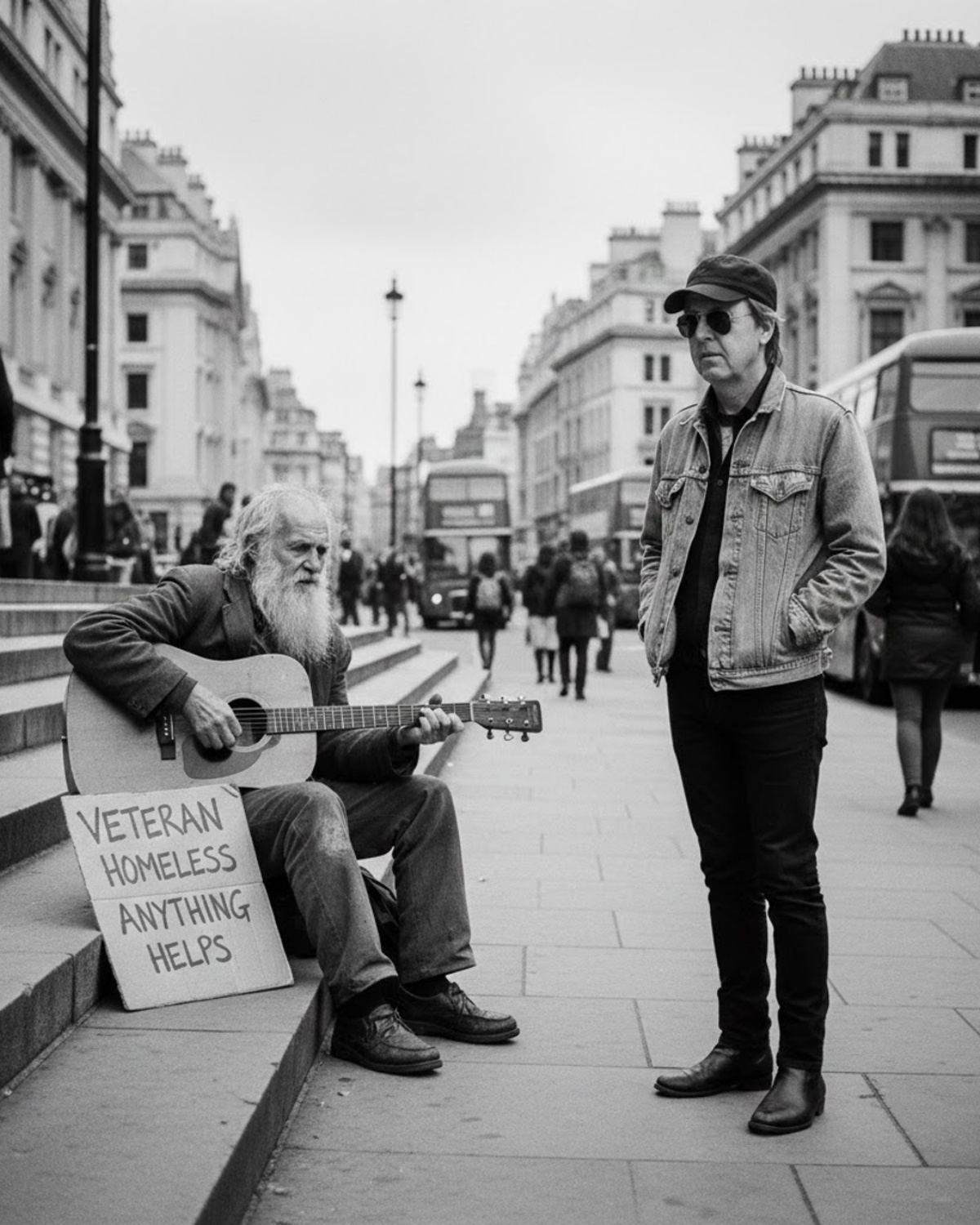 Paul McCartney came across a homeless veteran playing a Beatles song—and what Paul left behind changed his life.