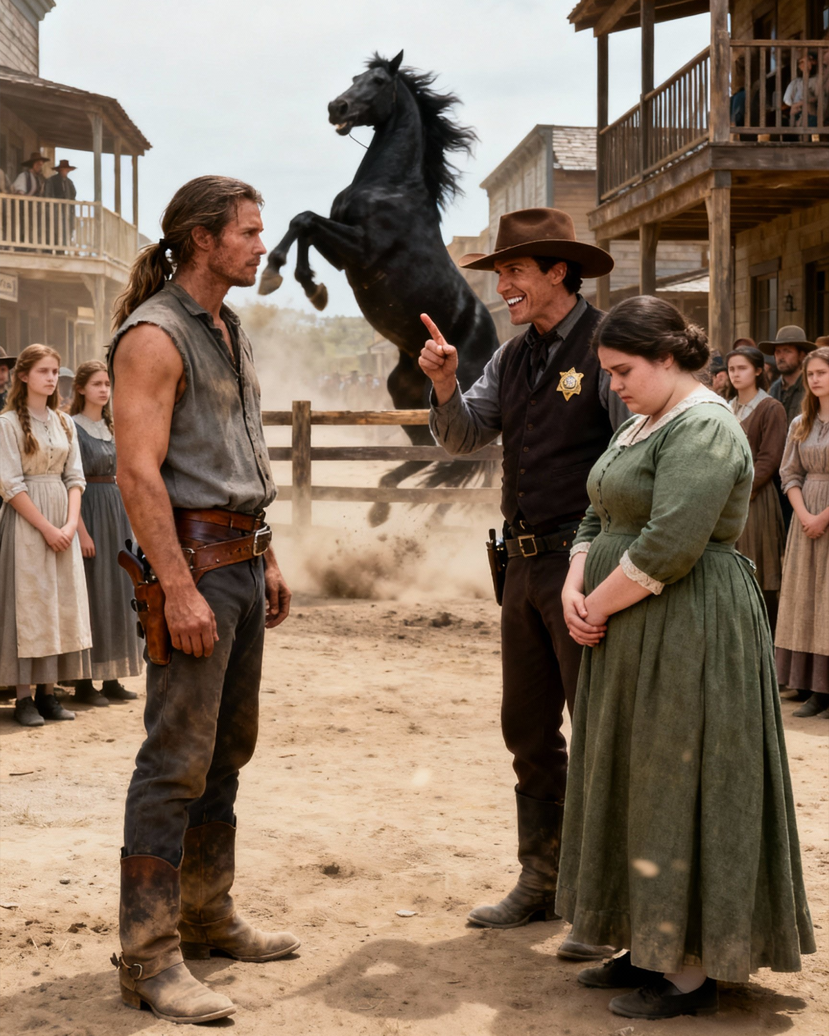 “Train My Stallion, Cowboy—and Take My Daughter,” the Sheriff Laughed as He Shoved the Obese Girl Forward — What the Cowboy Did Next Turned the Joke Into a Public Humiliation