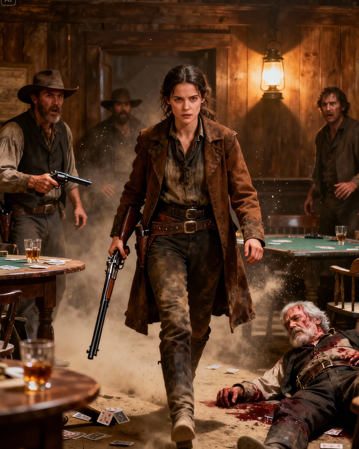 A Vagrant Nearly Killed an Old Farmer in a Prairie Tavern—Then the Door Opened, and His Daughter Walked In Holding a Henry Rifle