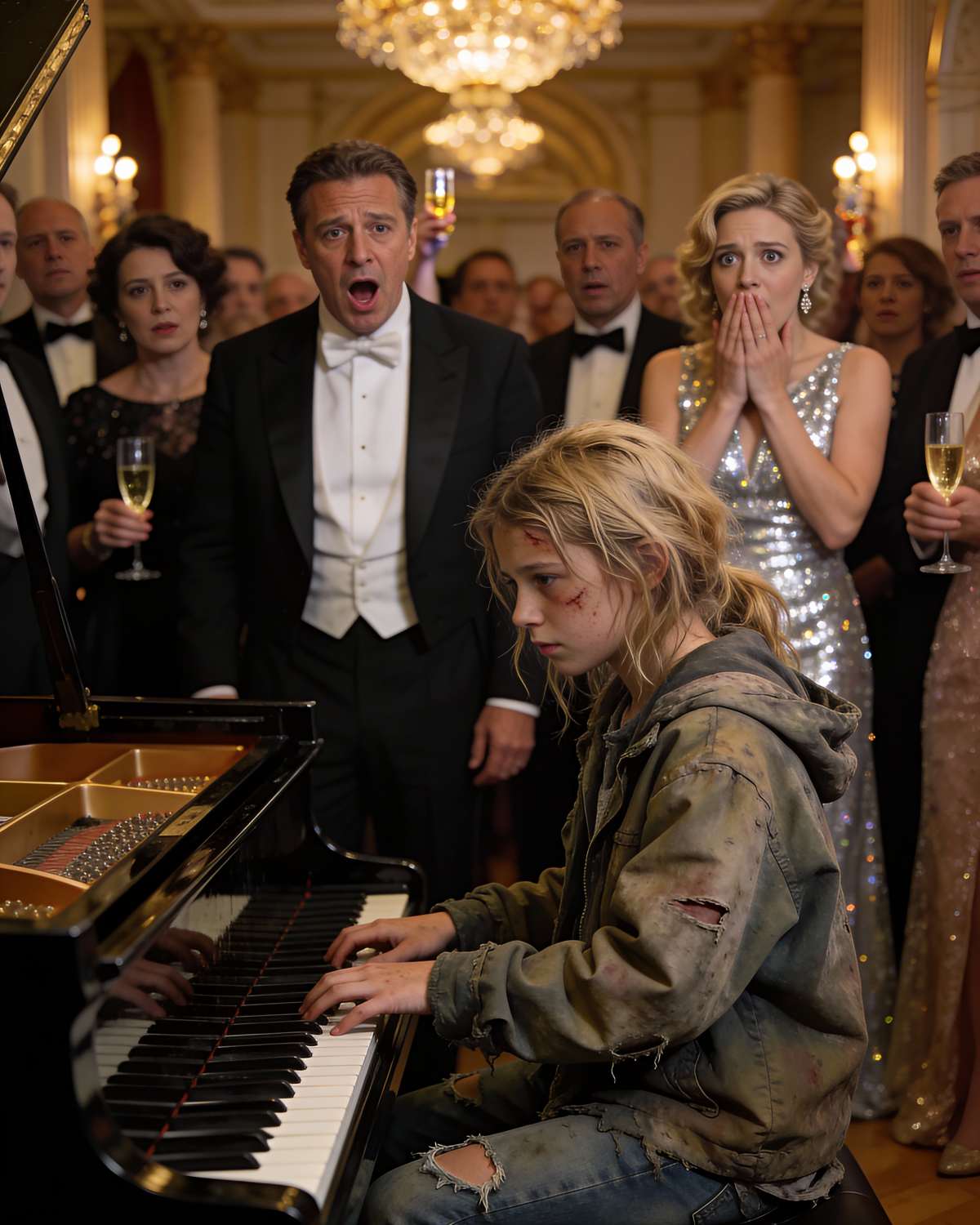 A very thin, homeless girl was being escorted toward the exit of a luxurious charity gala by two security guards.