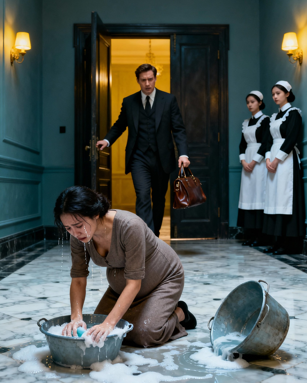 I returned home early to surprise my wife, eight months pregnant, and instead found her on her knees scrubbing the floor while my staff looked on. What I uncovered afterward wasn’t just shocking—it completely shattered everything I thought I knew.