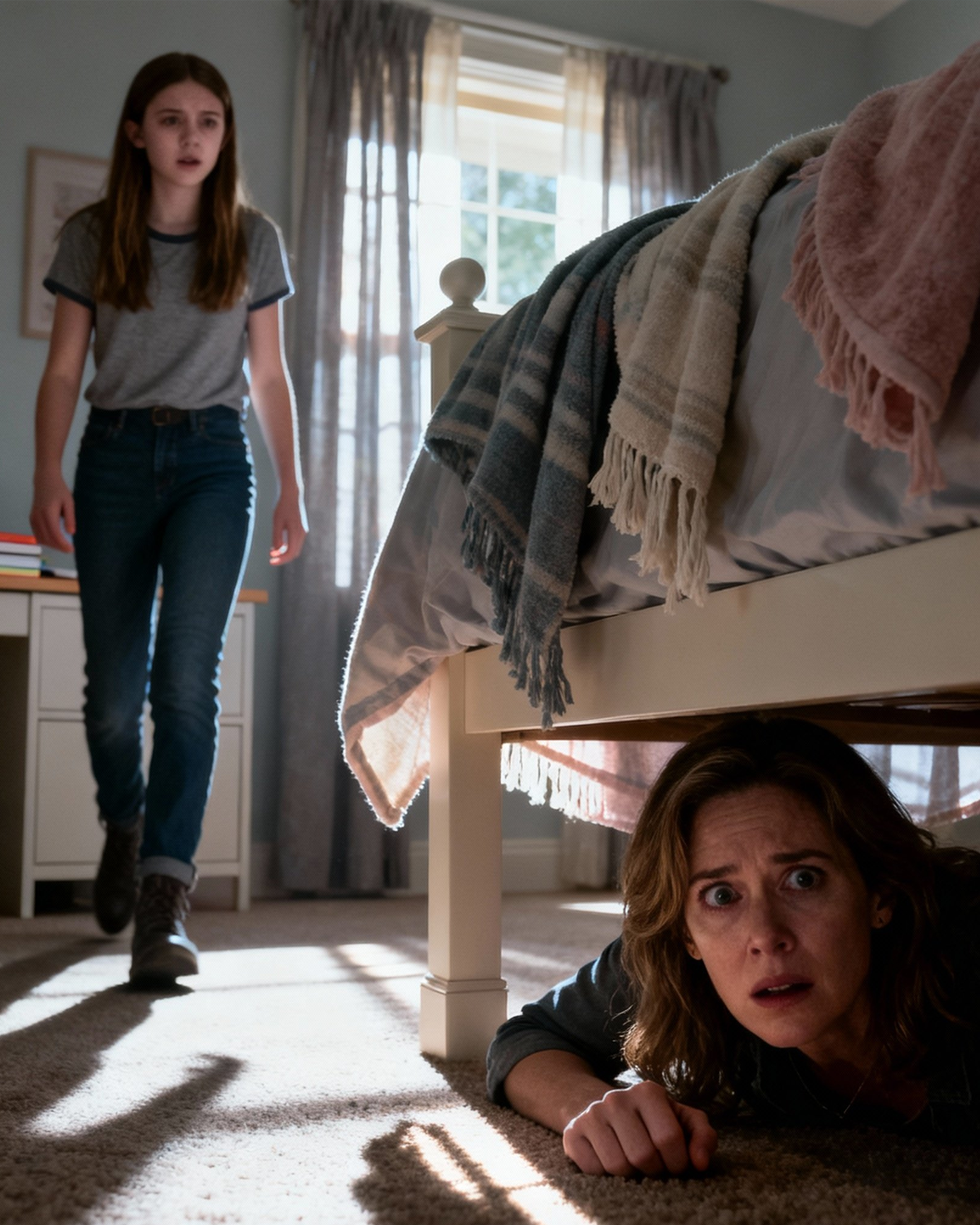 My neighbor kept insisting she’d seen my daughter at home during school hours. I knew that couldn’t be true… unless something was being hidden from me. So I pretended to leave for work, then slipped back inside and hid under her bed. The house was silent—until footsteps entered her room. Then voices. Low. Familiar. What I heard next made my blood run cold, because my daughter wasn’t skipping school… she was being kept there.