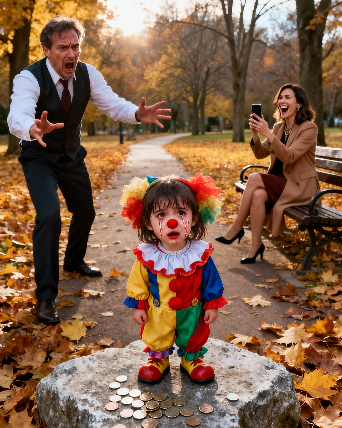 I believed my wife was treating our daughter to ice cream. Instead, taking a shortcut through the park, I found my little girl dressed as a clown, begging for change, humiliated and crying—while the woman I trusted most sat nearby, laughing without remorse.