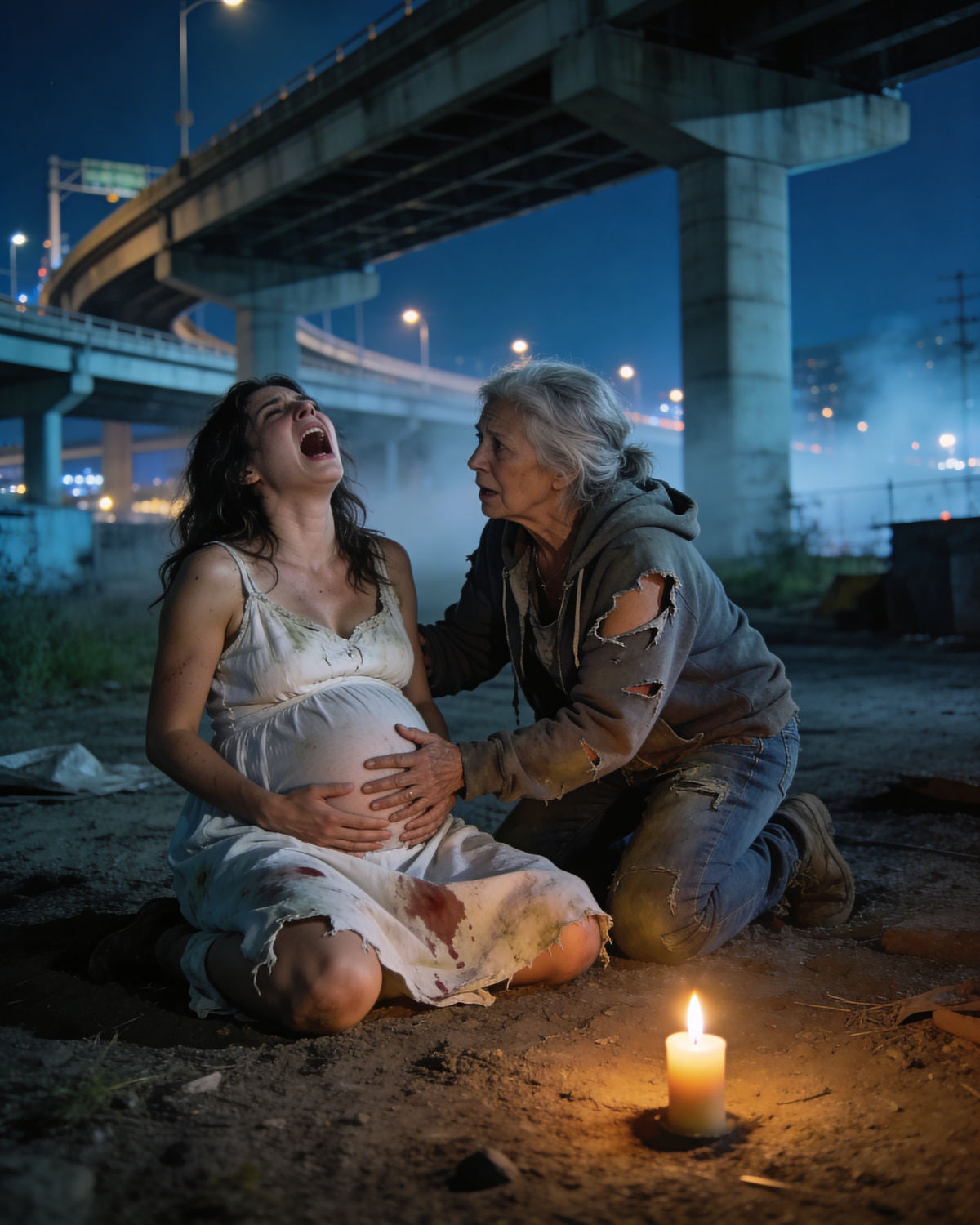 With my 9 month pregnant belly, I ran and hid under a bridge. When labor started, a homeless woman appeared.