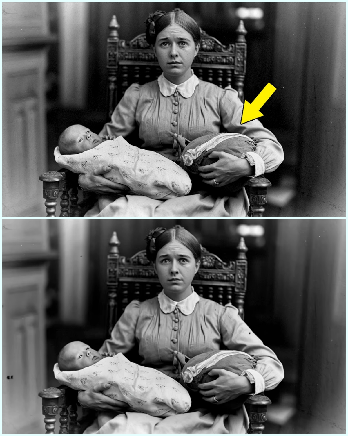 In 1906, a mother holds her baby—until everyone freezes when they see what she is holding
