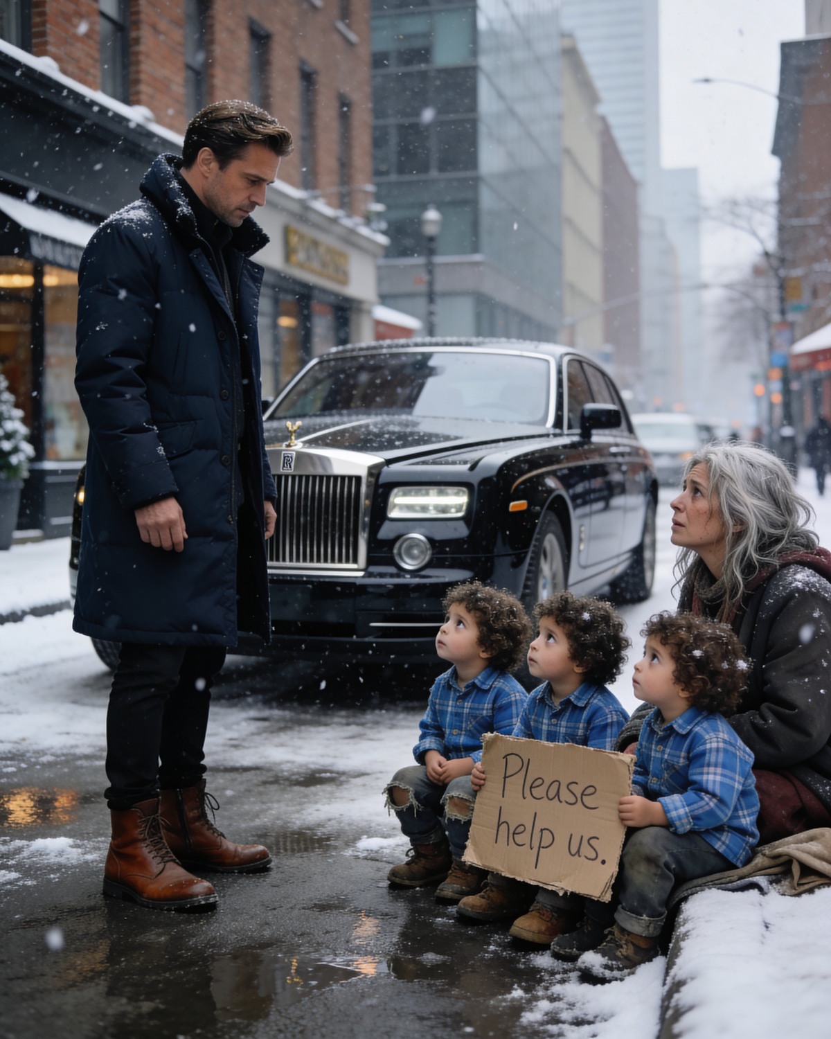A millionaire sees his ex-girlfriend begging on the street with three children who look exactly like him—what happens next will break your heart.”