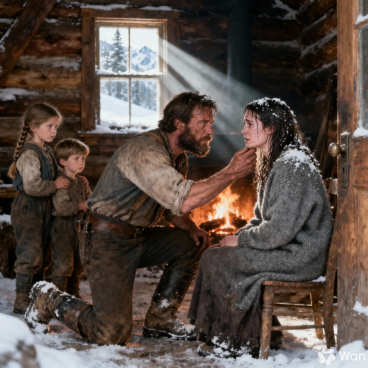 Grant McCoy was hammering the last board across the barn door when his son’s voice cut through the wind, high, urgent, afraid. “Papa, someone’s out there.” Grant’s head snapped up. Snow was already falling sideways, turning the world into a white blur.