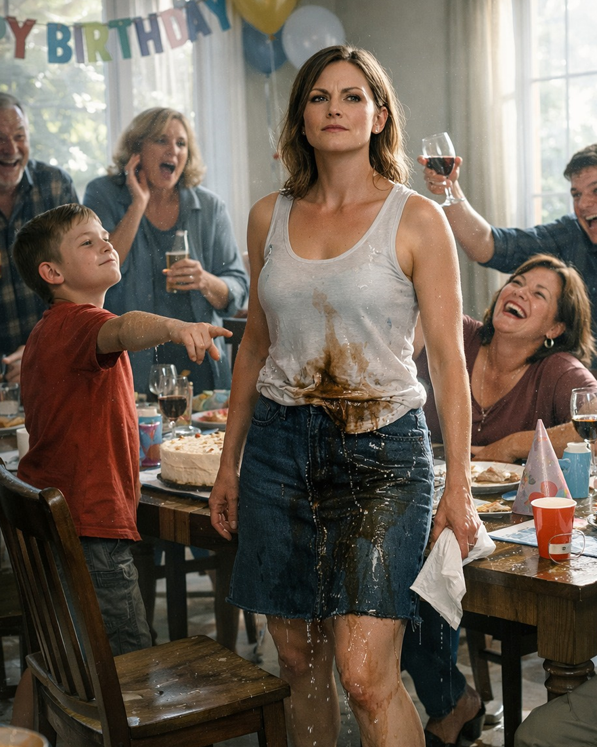 At My Mom’s Birthday, My Brother’s Son Dumped Soda In My Lap And Yelled, “Grandma Says You Don’t Belong Here.” The Table Laughed. I Wiped My Clothes, Smiled, And Stayed Quiet. That Night, I Pulled My Name From Their Loan. By Morning, His Car Was Gone. And At 8 A.M., There Was A Knock At My Door. I Opened It — AND SAW…