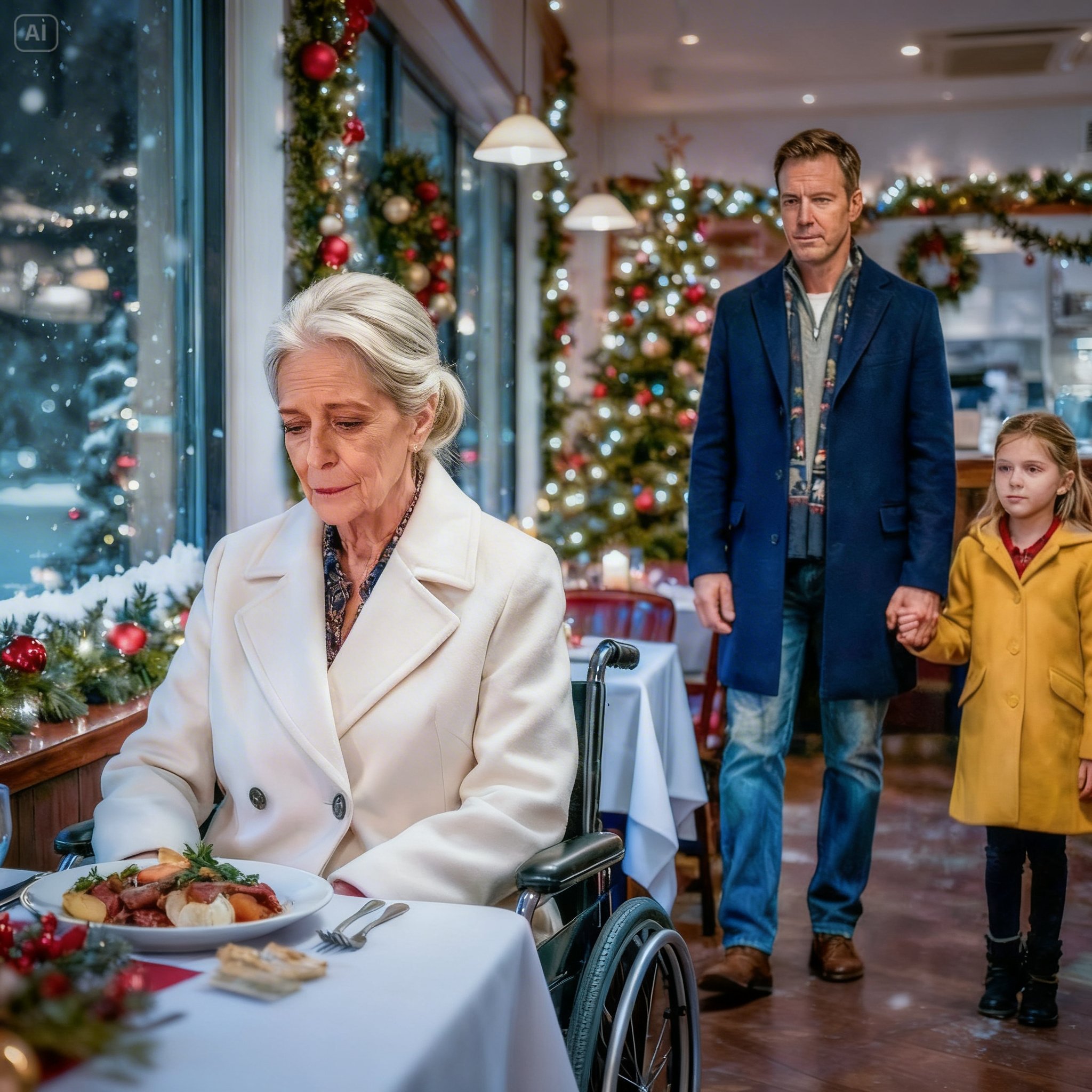 Sad Elderly Billionaire Alone on Christmas Eve, Until a Single Dad and His Daughter Walk In…
