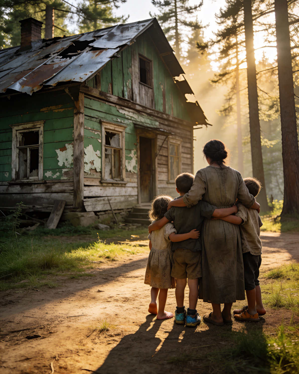 Deep in the forgotten woods, where sunlight filtered through ancient trees, Sarah Matthews stood before a weathered cabin with her 3 children huddled close beside her.
