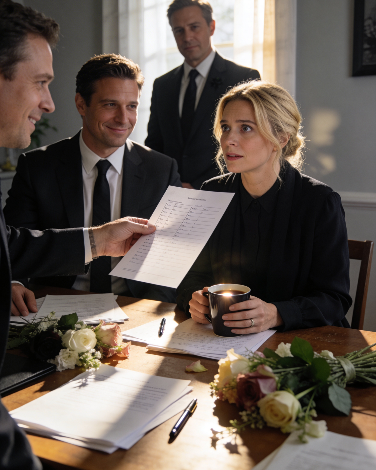 After her father’s death, she never told her husband what he left her, which was fortunate, because three days after the funeral, he showed up with a big smile, along with his brother and a ‘family advisor,’ talking about ‘keeping things fair’ and ‘allocating the money.’ She poured herself coffee, listened, and let them think she was cornered’until he handed her a list and she realized exactly why she had remained silent.